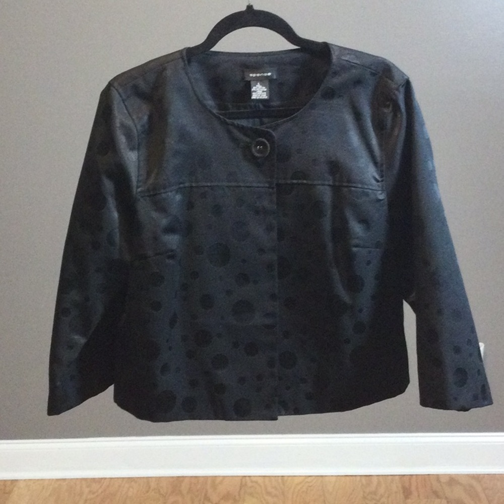 L Spense black polka dot printed bolo length jacket